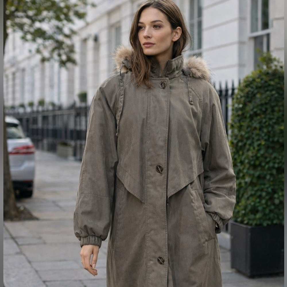 Fleet Street Long Taupe-Gray Hooded Coat with Faux-Fur Trim Size Small - Picture 3 of 10